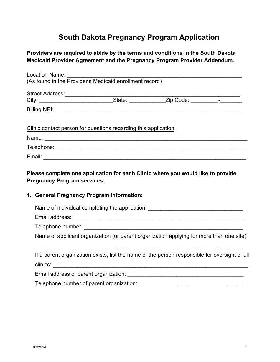 Form MS-134 South Dakota Pregnancy Program Application - South Dakota, Page 1