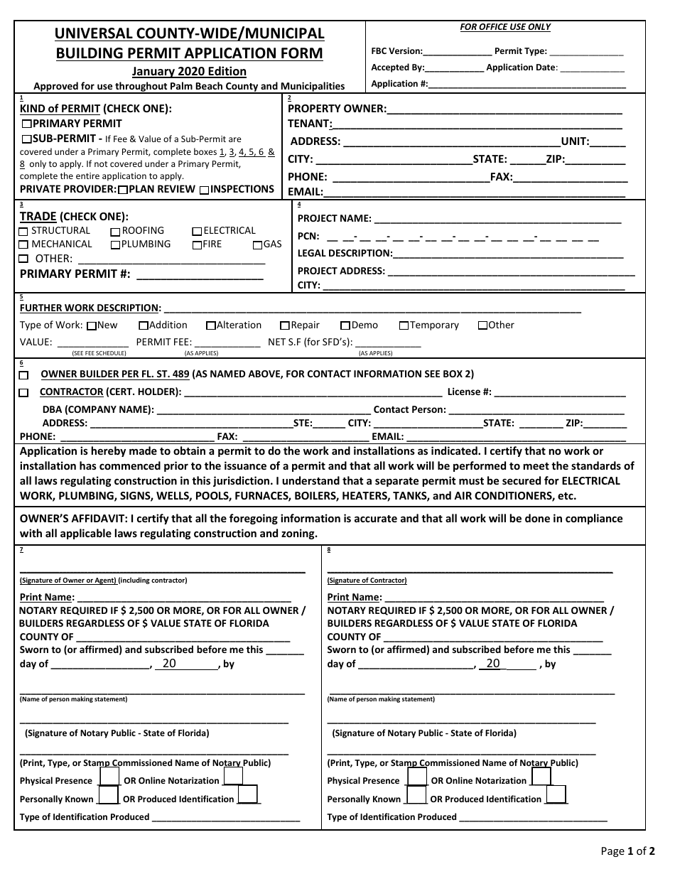 Universal County-Wide / Municipal Building Permit Application Form - Palm Beach County, Florida, Page 1