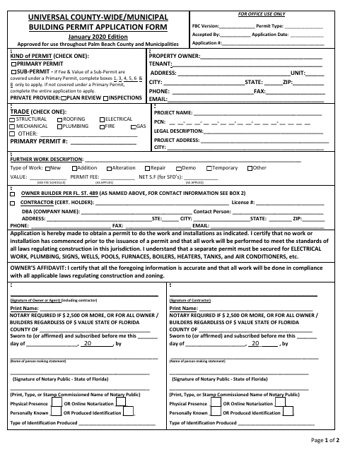 Universal County-Wide/Municipal Building Permit Application Form - Palm Beach County, Florida