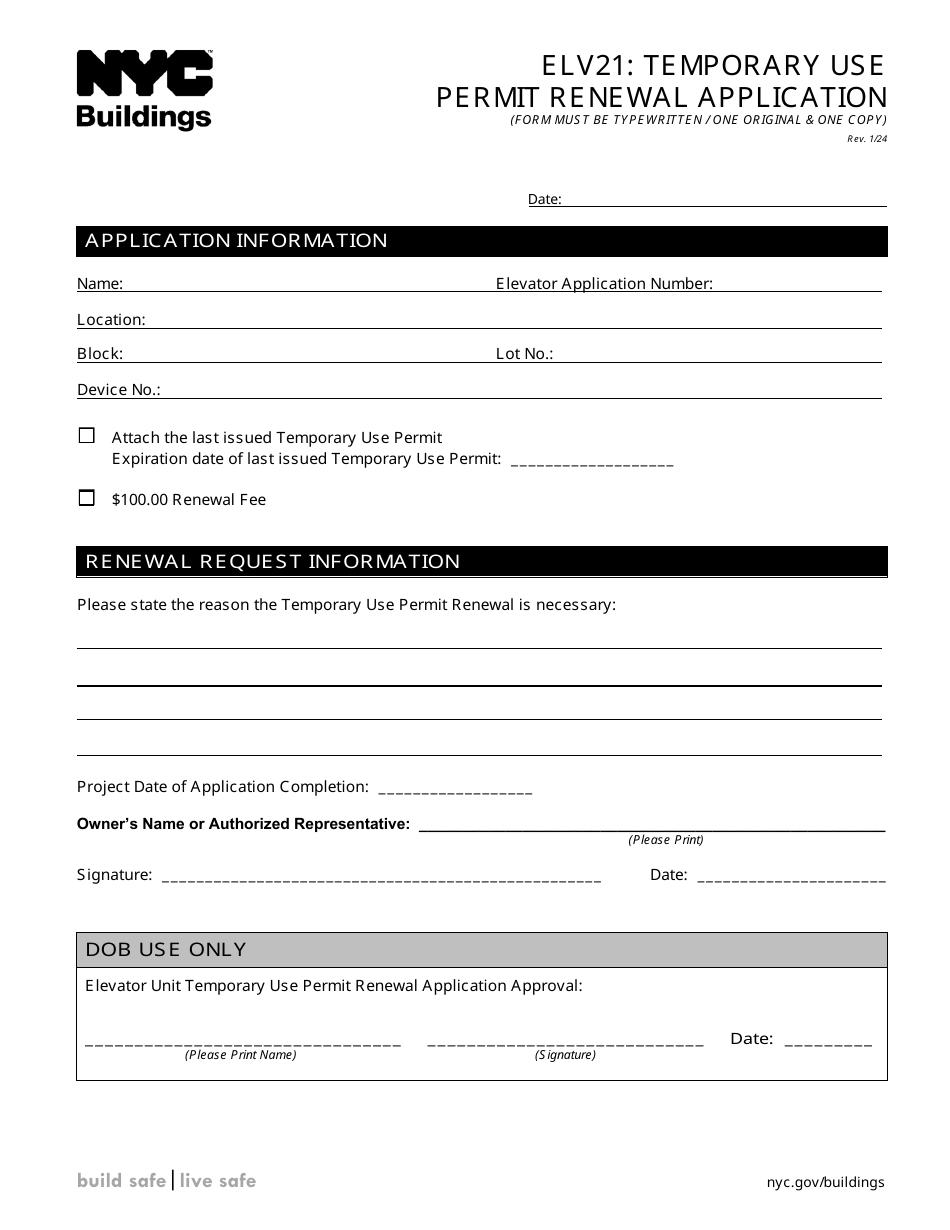 Form ELV21 Temporary Use Permit Renewal Application - New York City, Page 1