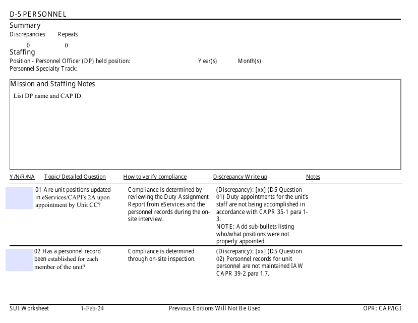 Form D-5 Sui Worksheet - Personnel
