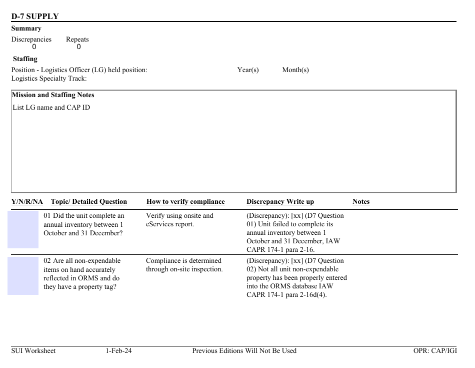 Form D-7 Download Fillable PDF or Fill Online Sui Worksheet - Supply ...