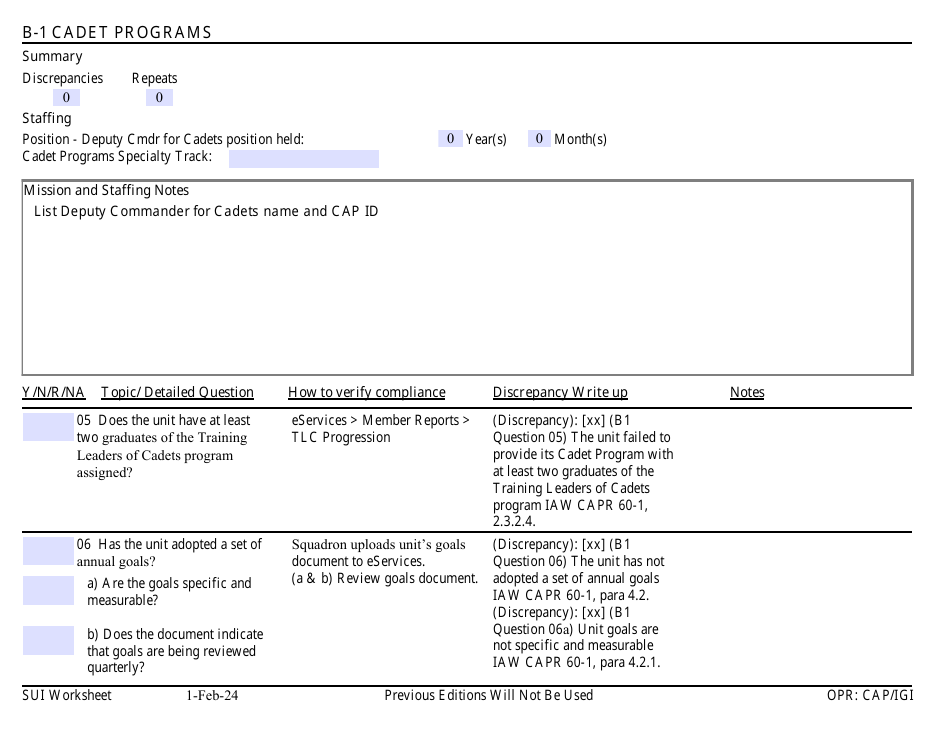 Form B-1 Sui Worksheet - Cadet Programs, Page 1