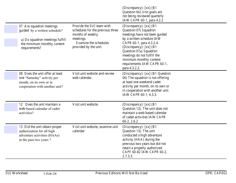 Form B-1 Sui Worksheet - Cadet Programs, Page 2
