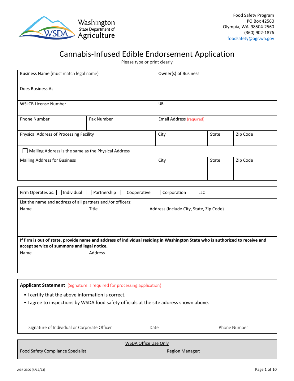 Form AGR-2300 Cannabis-Infused Edible Endorsement Application - Washington, Page 1