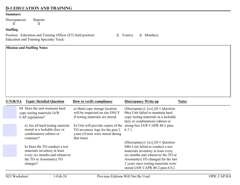 Form D-1 Sui Worksheet - Education and Training, Page 1