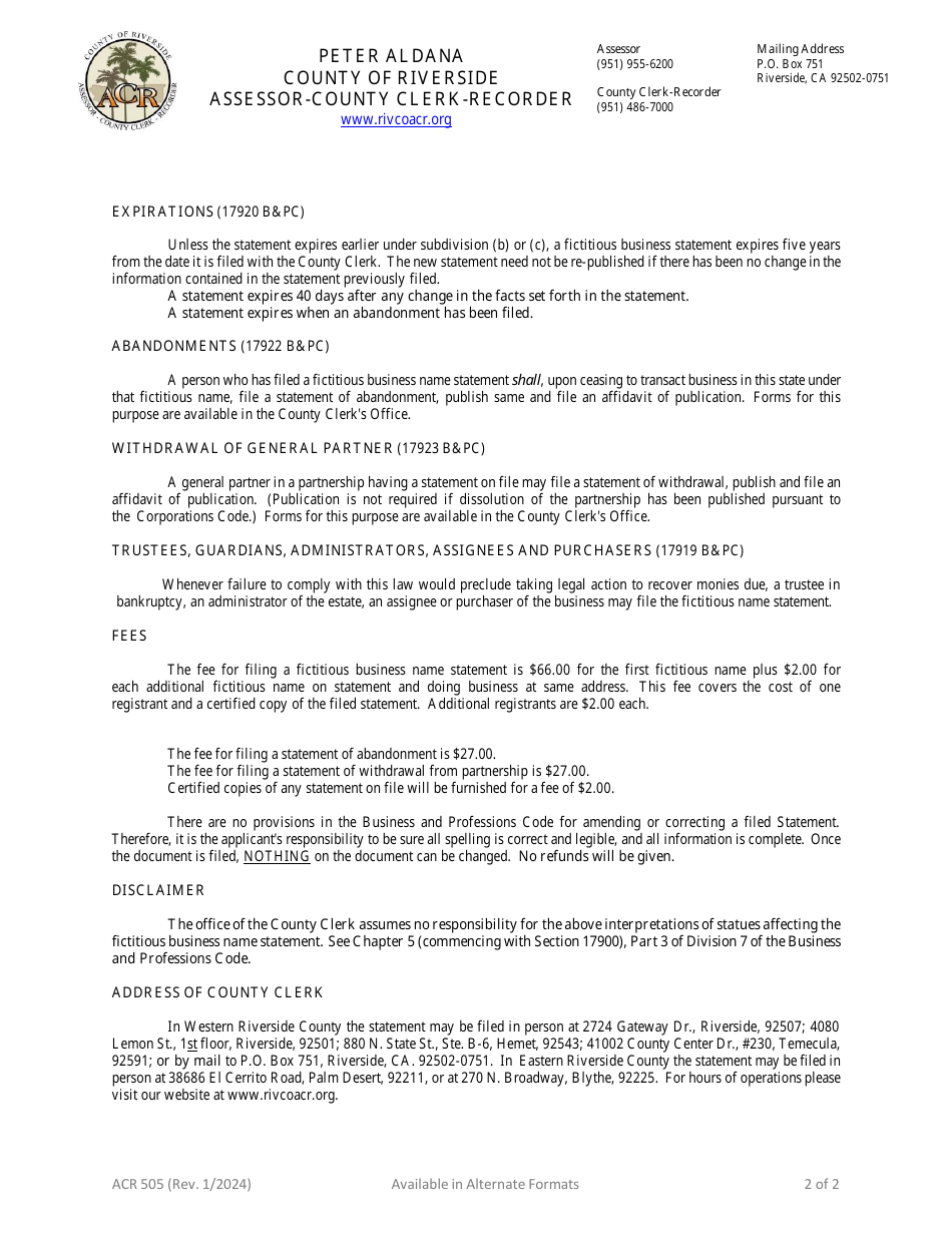 Form PS03 Fictitious Business Name Statement Application Packet - County of Riverside, California, Page 4