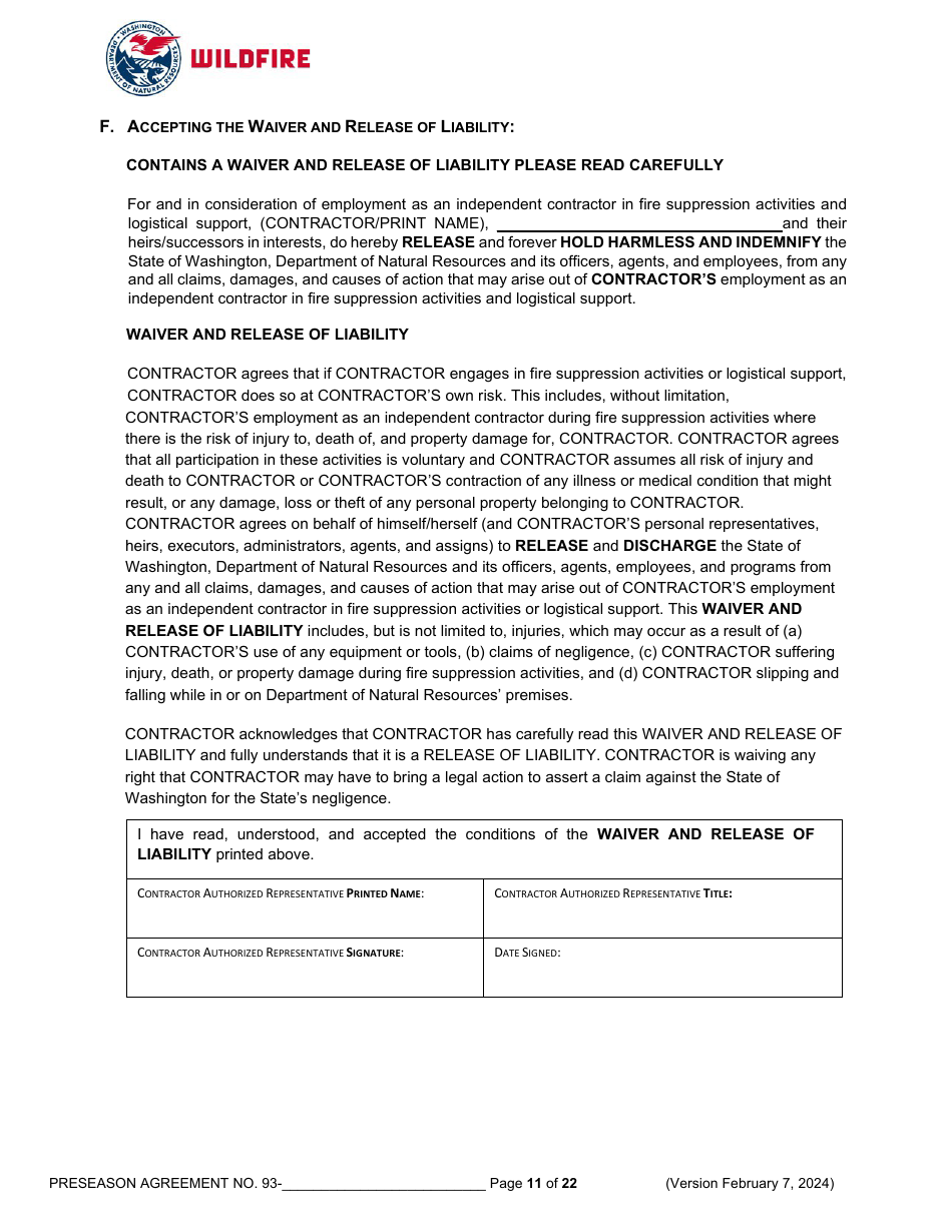 Pre-season Application and Agreement Operations - Washington, Page 11