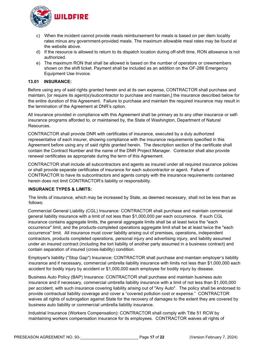 Pre-season Application and Agreement Operations - Washington, Page 17