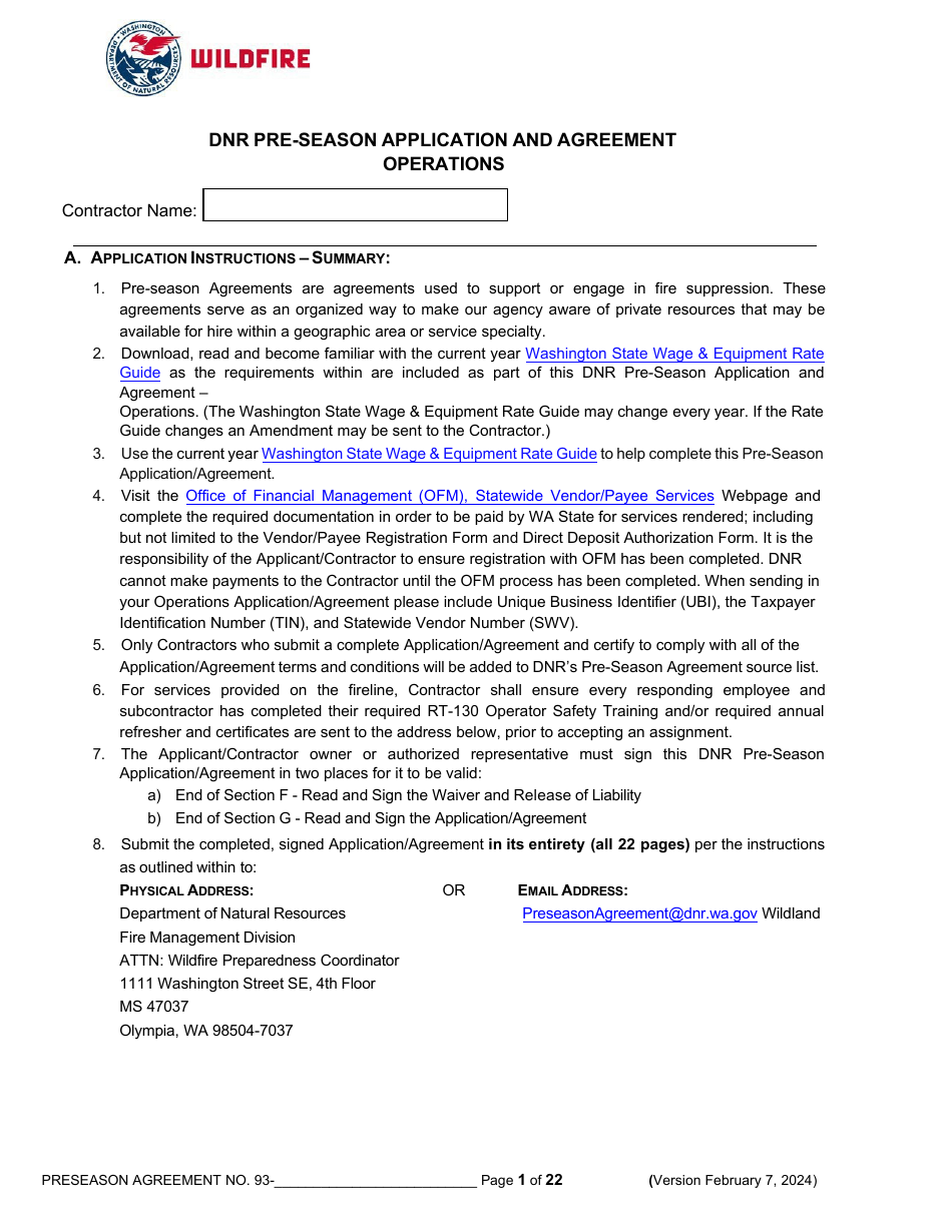 Pre-season Application and Agreement Operations - Washington, Page 1