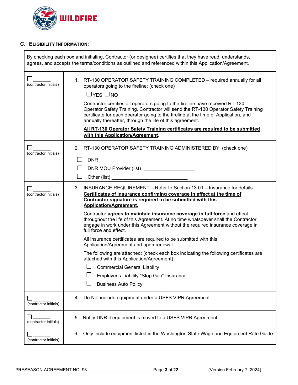 Pre-season Application and Agreement Operations - Washington, Page 3