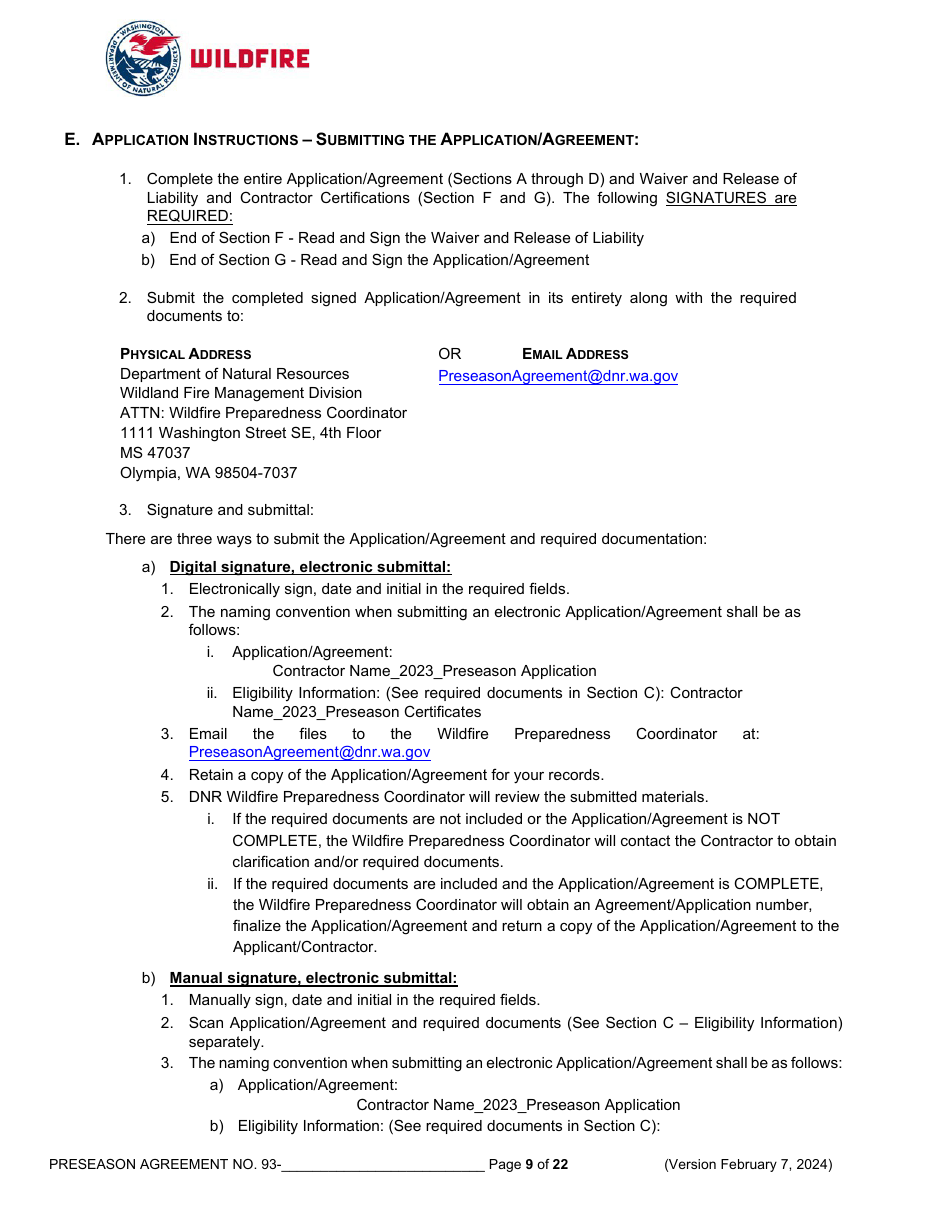 Pre-season Application and Agreement Operations - Washington, Page 9