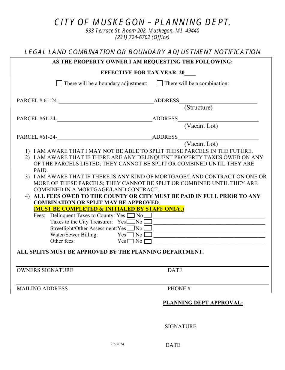 Legal Land Combination or Boundary Adjustment Notification - City of Muskegon, Michigan, Page 1