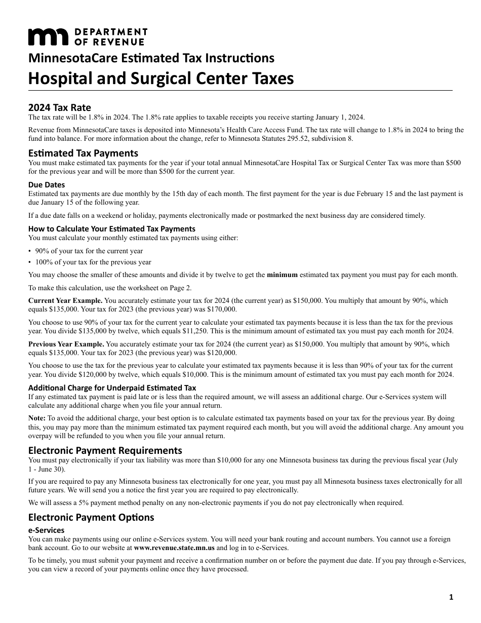 Minnesotacare Estimated Tax Instructions - Hospital and Surgical Center Taxes - Minnesota, Page 1