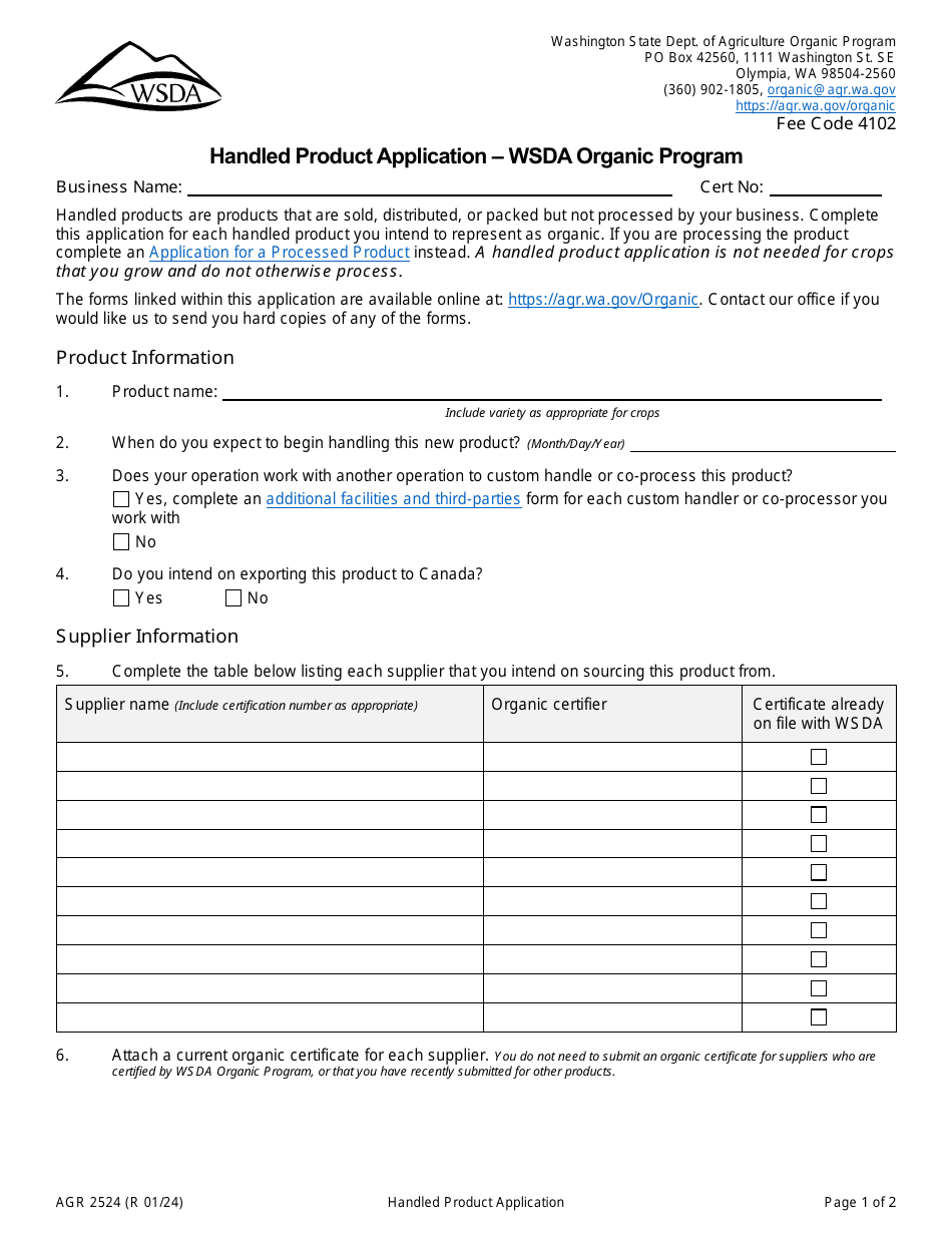 Form AGR2524 Handled Product Application - Wsda Organic Program - Washington, Page 1
