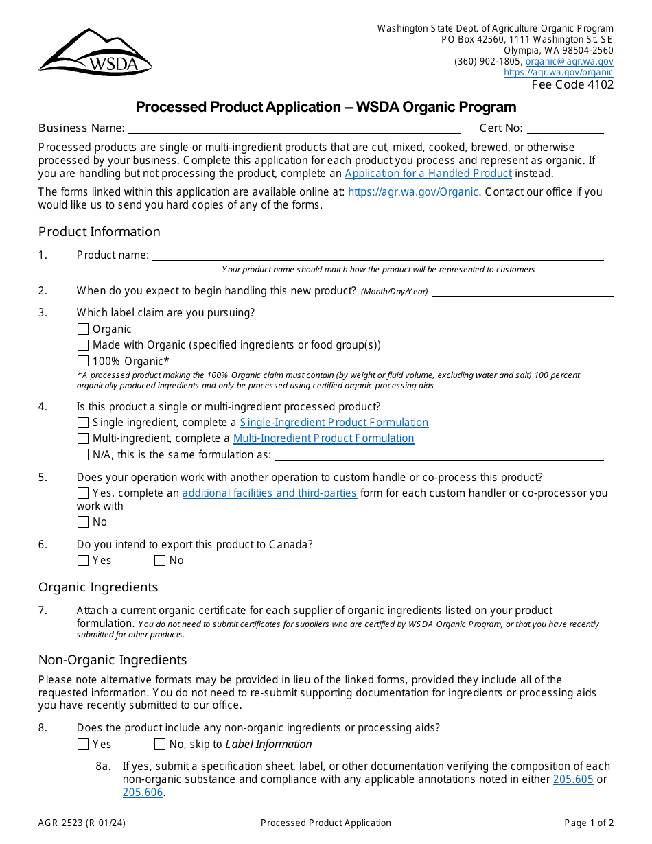 Form AGR2523 Download Printable PDF or Fill Online Processed Product ...