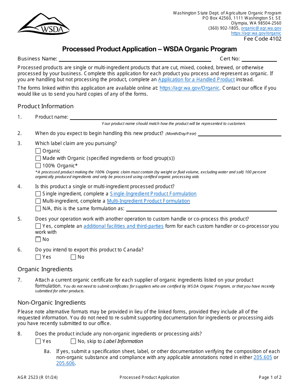 Form AGR2523 Processed Product Application - Wsda Organic Program - Washington, Page 1