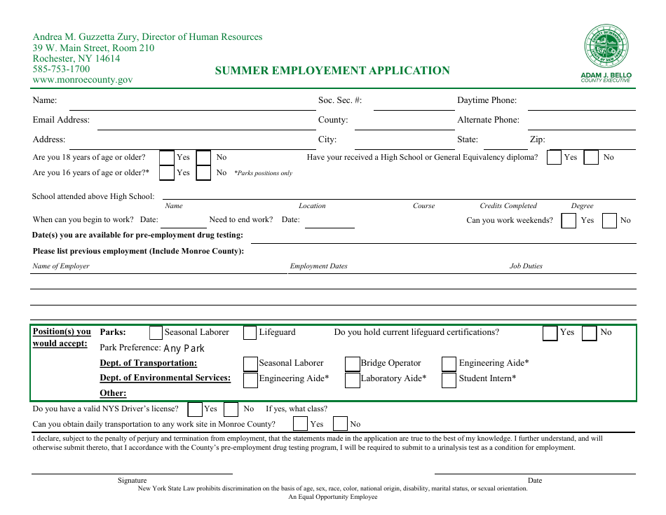 Monroe County, New York Summer Employement Application Fill Out, Sign