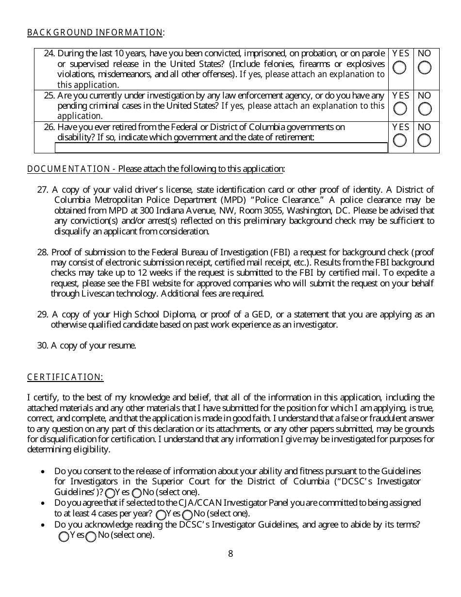 Criminal Justice Act Panel Investigator Application - Washington, D.C., Page 8