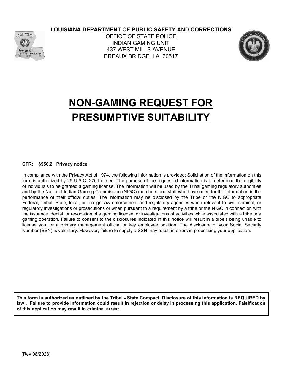 Non-gaming Request for Presumptive Suitability - Louisiana, Page 1