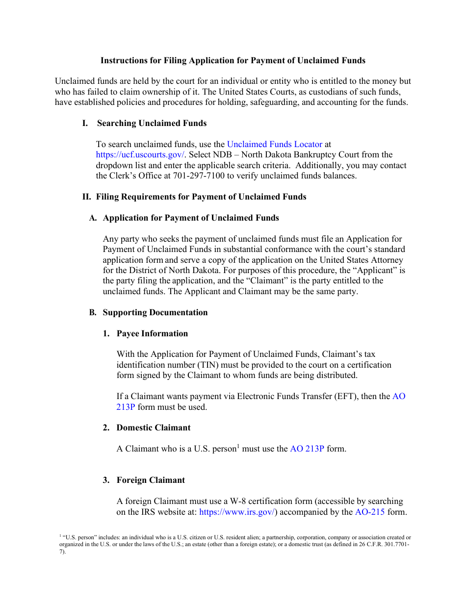 Instructions for Form 1340 Application for Payment of Unclaimed Funds - North Dakota, Page 1