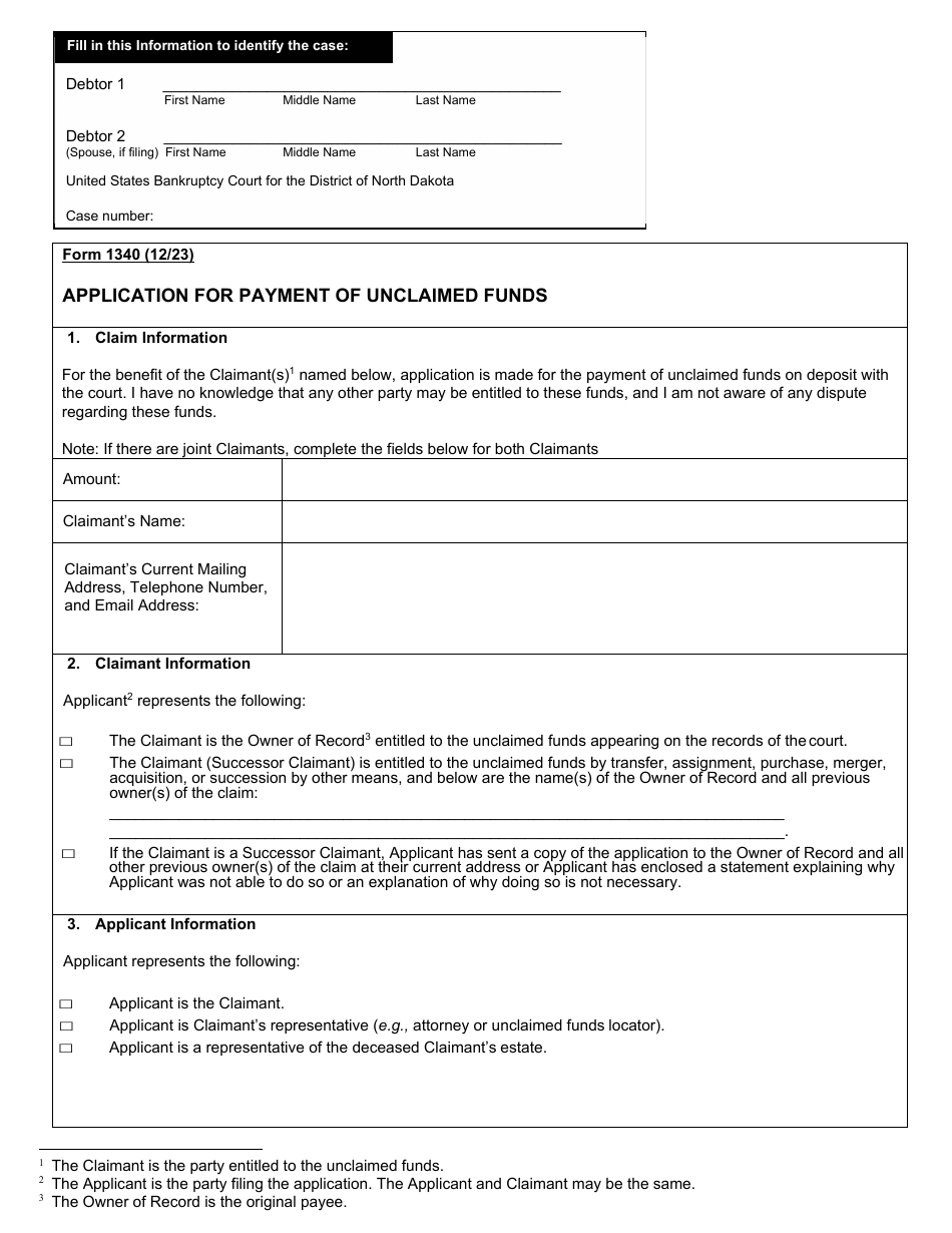 Form 1340 Application for Payment of Unclaimed Funds - North Dakota, Page 1