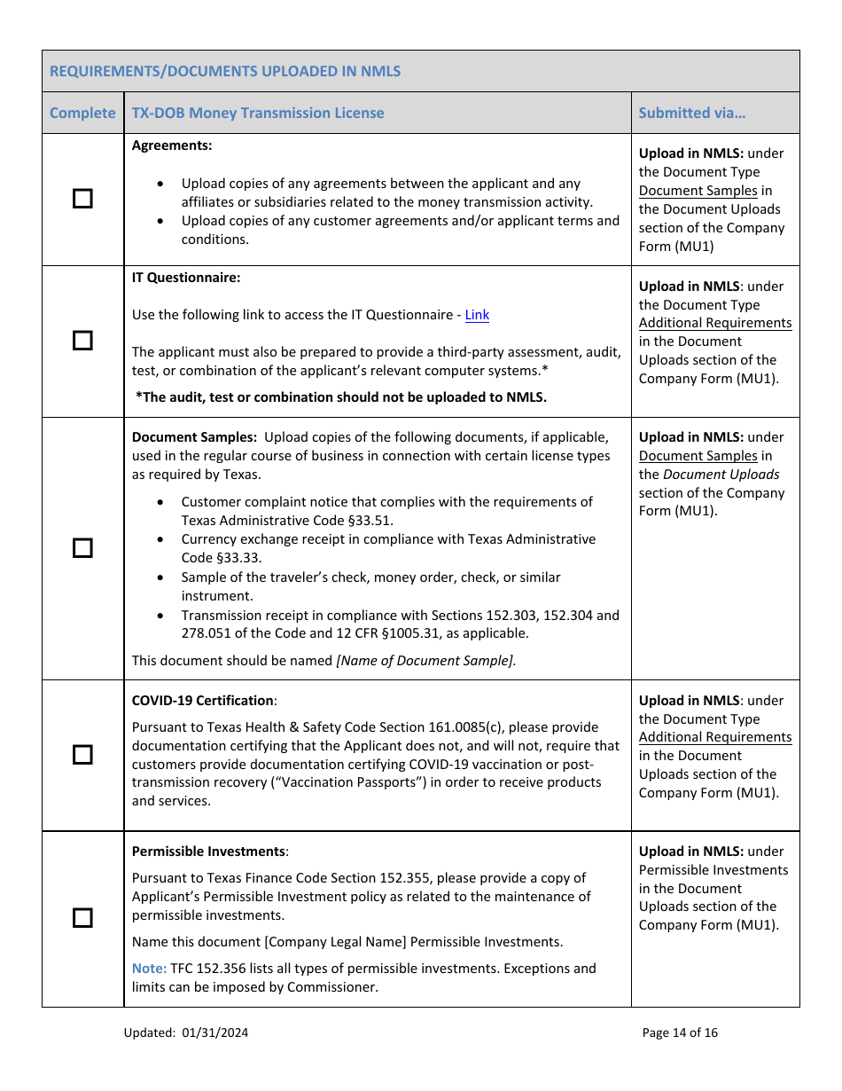 Money Transmission License New Application Checklist (Company) - Texas, Page 14