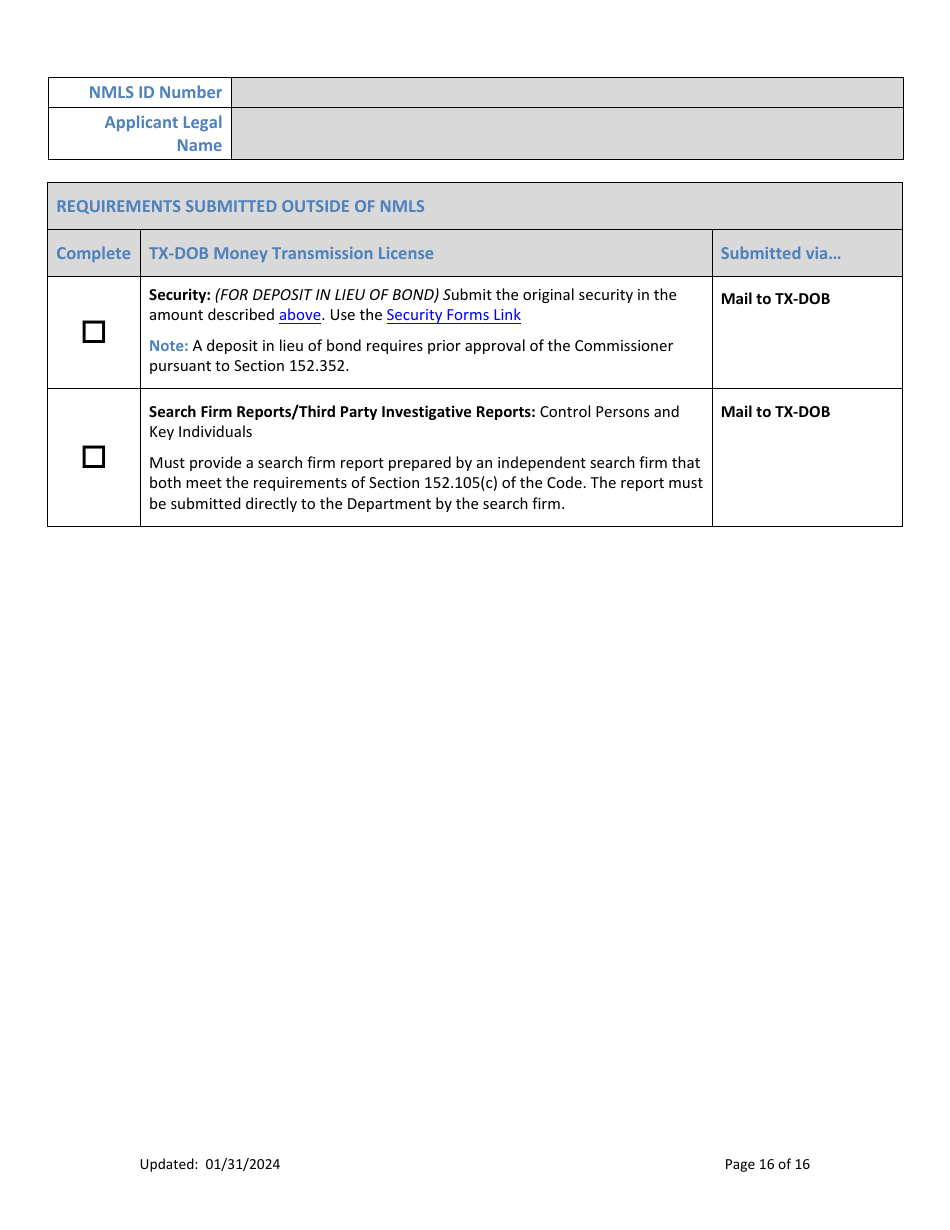 Money Transmission License New Application Checklist (Company) - Texas, Page 16