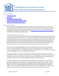 Money Transmission License New Application Checklist (Company) - Texas