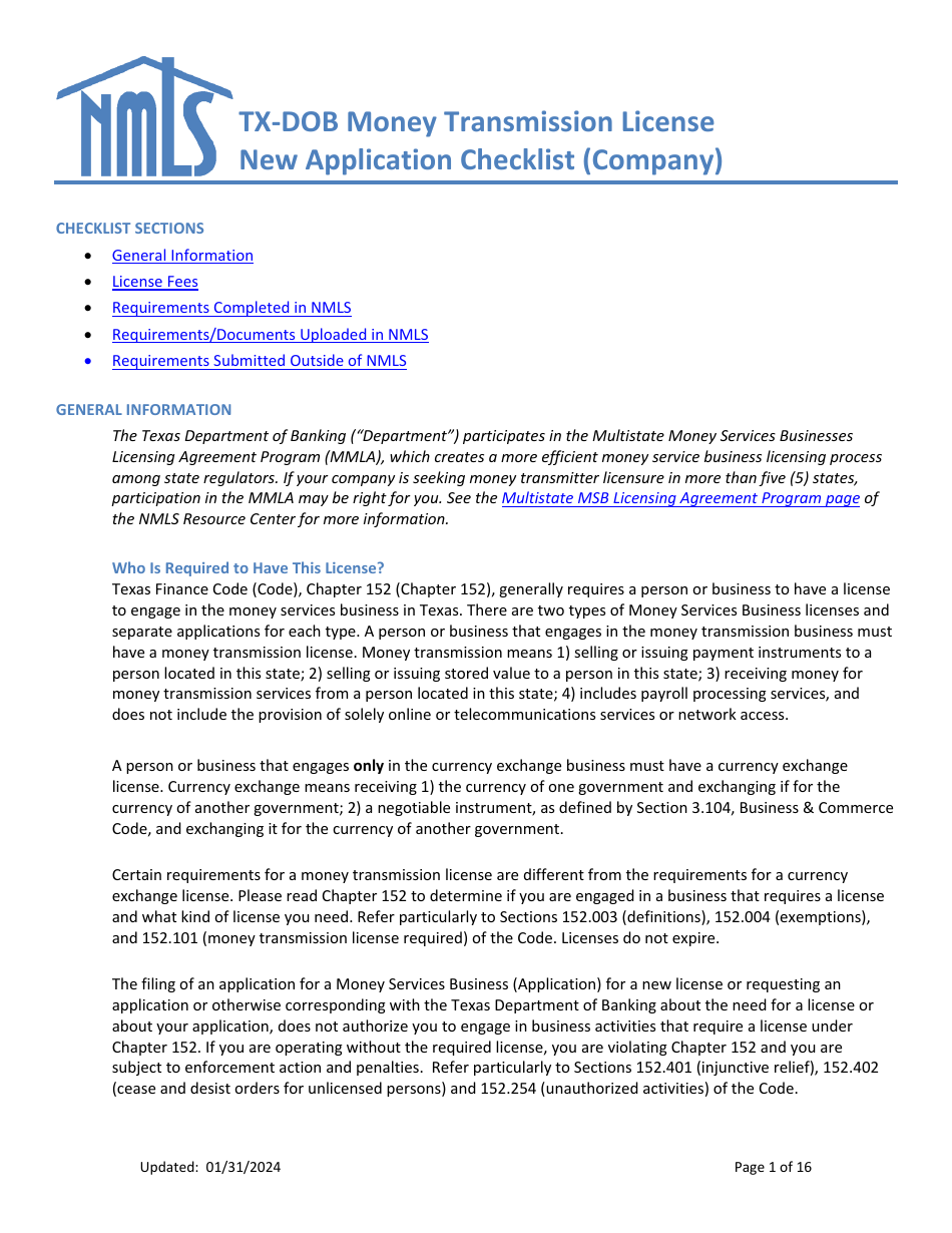 Money Transmission License New Application Checklist (Company) - Texas, Page 1