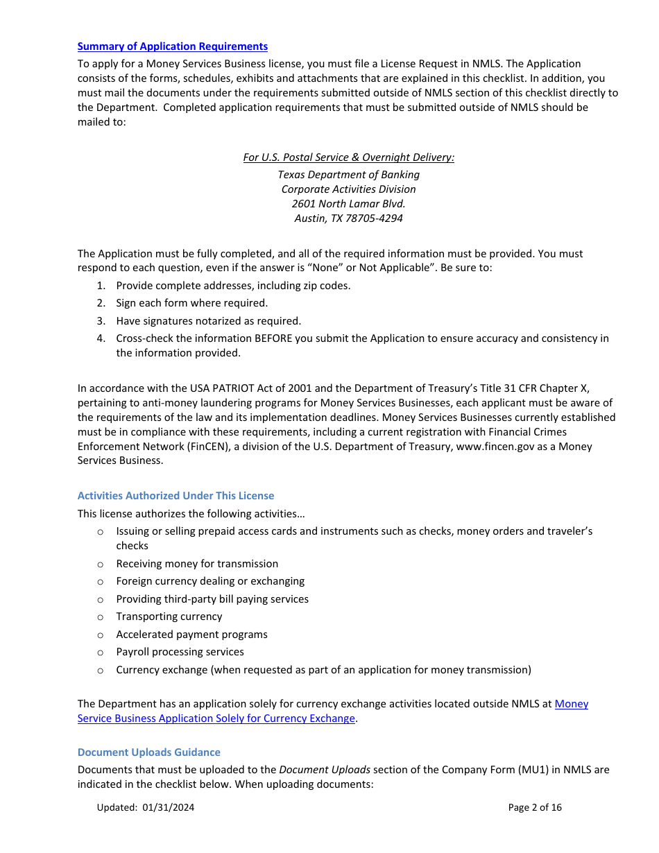 Money Transmission License New Application Checklist (Company) - Texas, Page 2