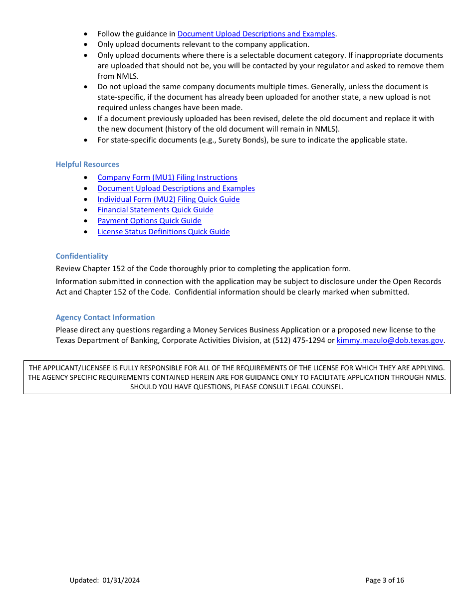 Money Transmission License New Application Checklist (Company) - Texas, Page 3