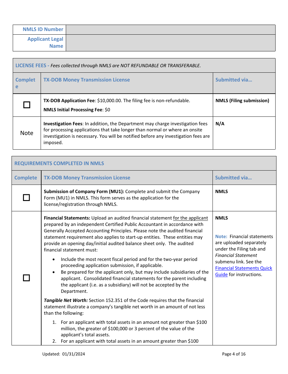 Money Transmission License New Application Checklist (Company) - Texas, Page 4