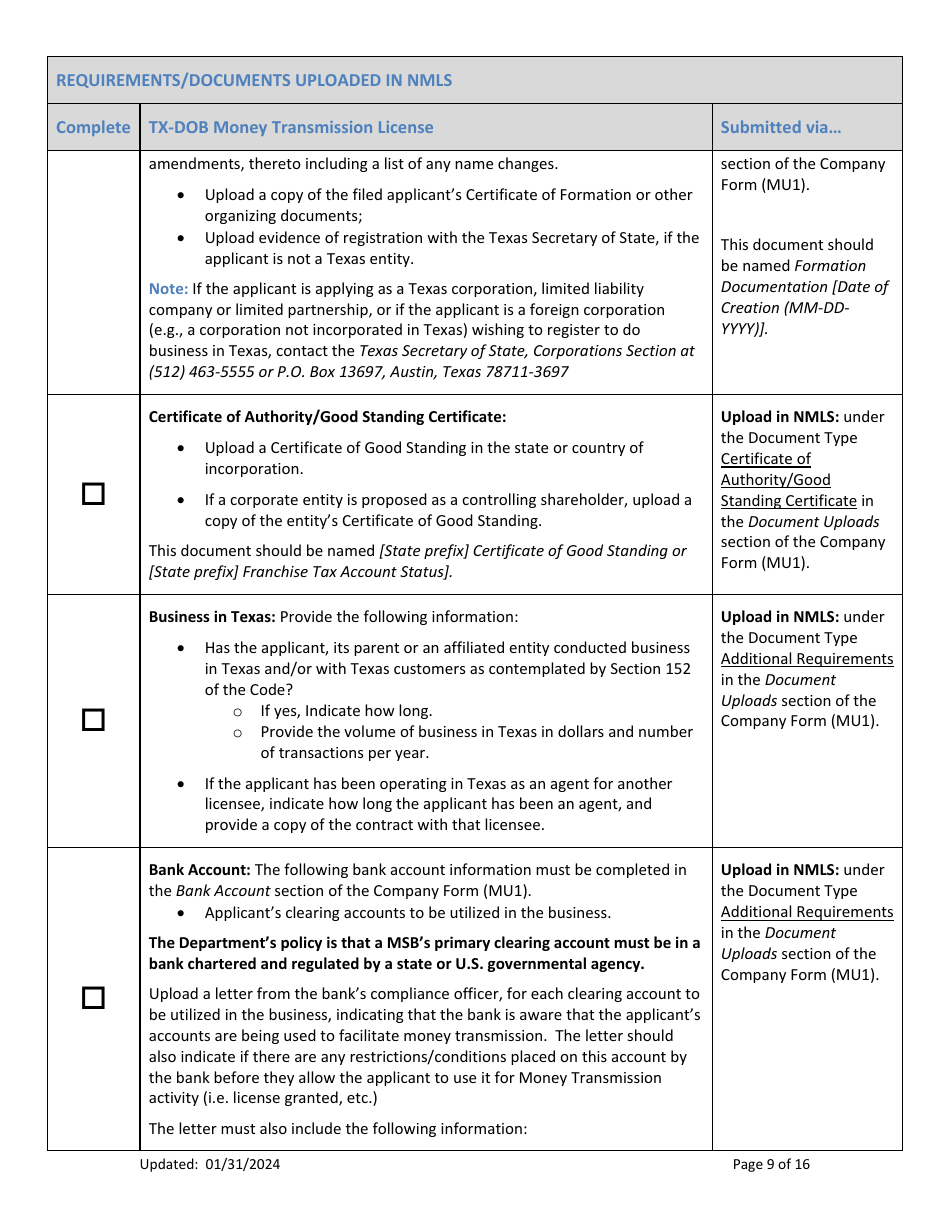 Money Transmission License New Application Checklist (Company) - Texas, Page 9
