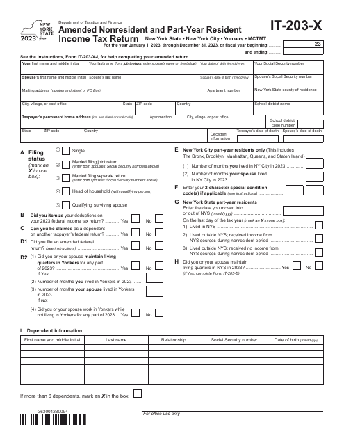 Form IT-203-X Amended Nonresident and Part-Year Resident Income Tax Return - New York, 2023