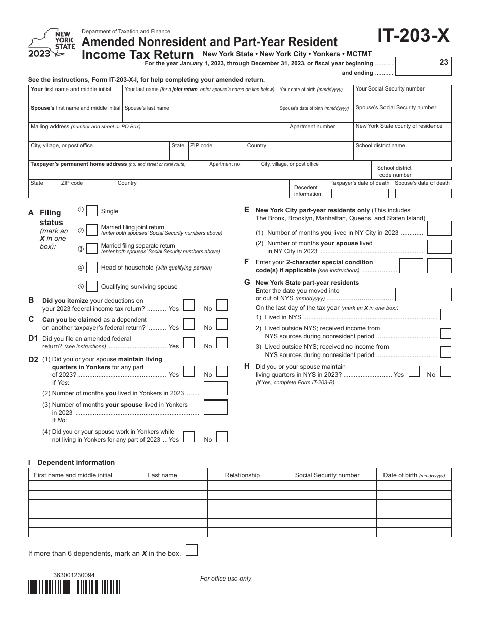 Form IT-203-X Amended Nonresident and Part-Year Resident Income Tax Return - New York, Page 1