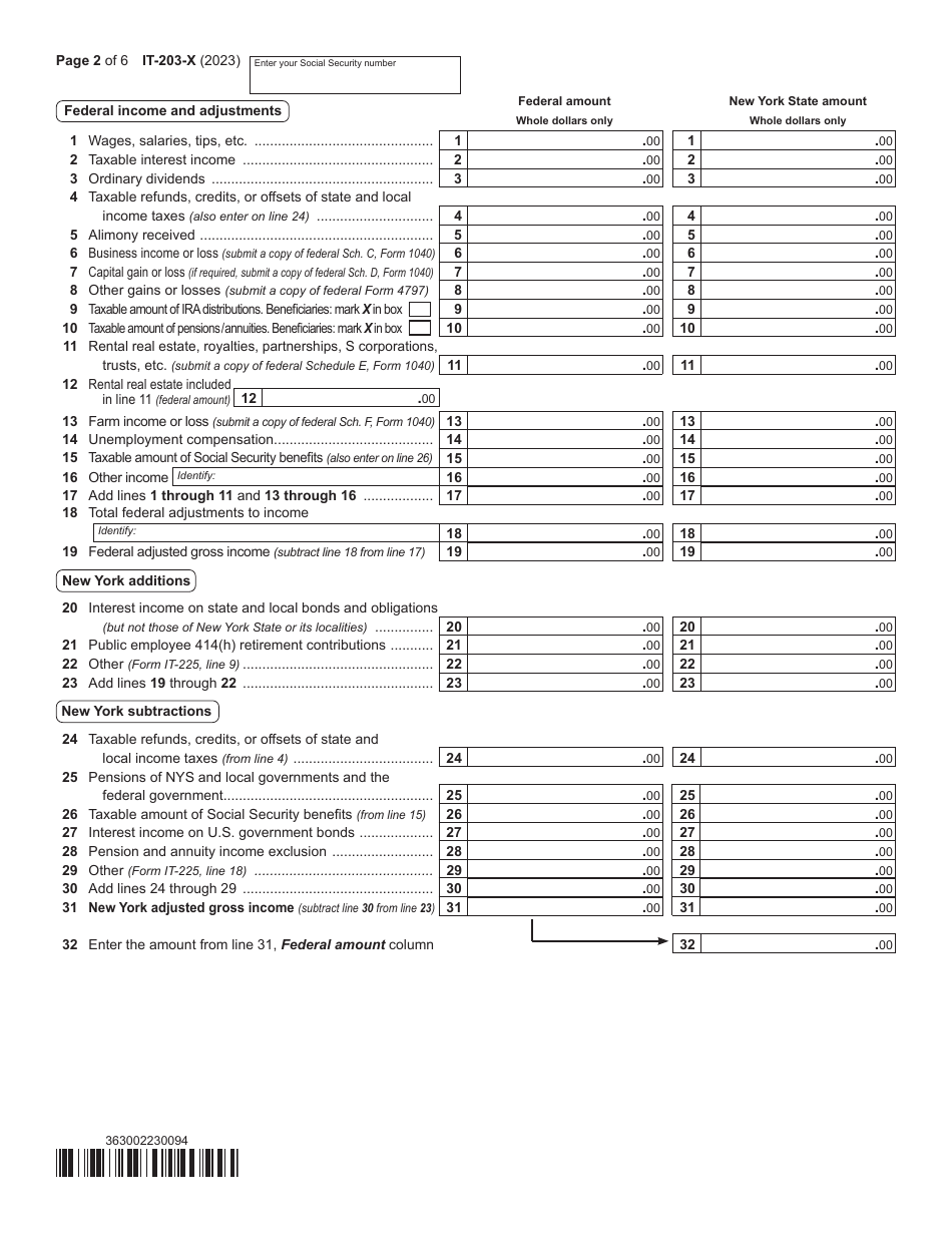 Form IT-203-X Amended Nonresident and Part-Year Resident Income Tax Return - New York, Page 2