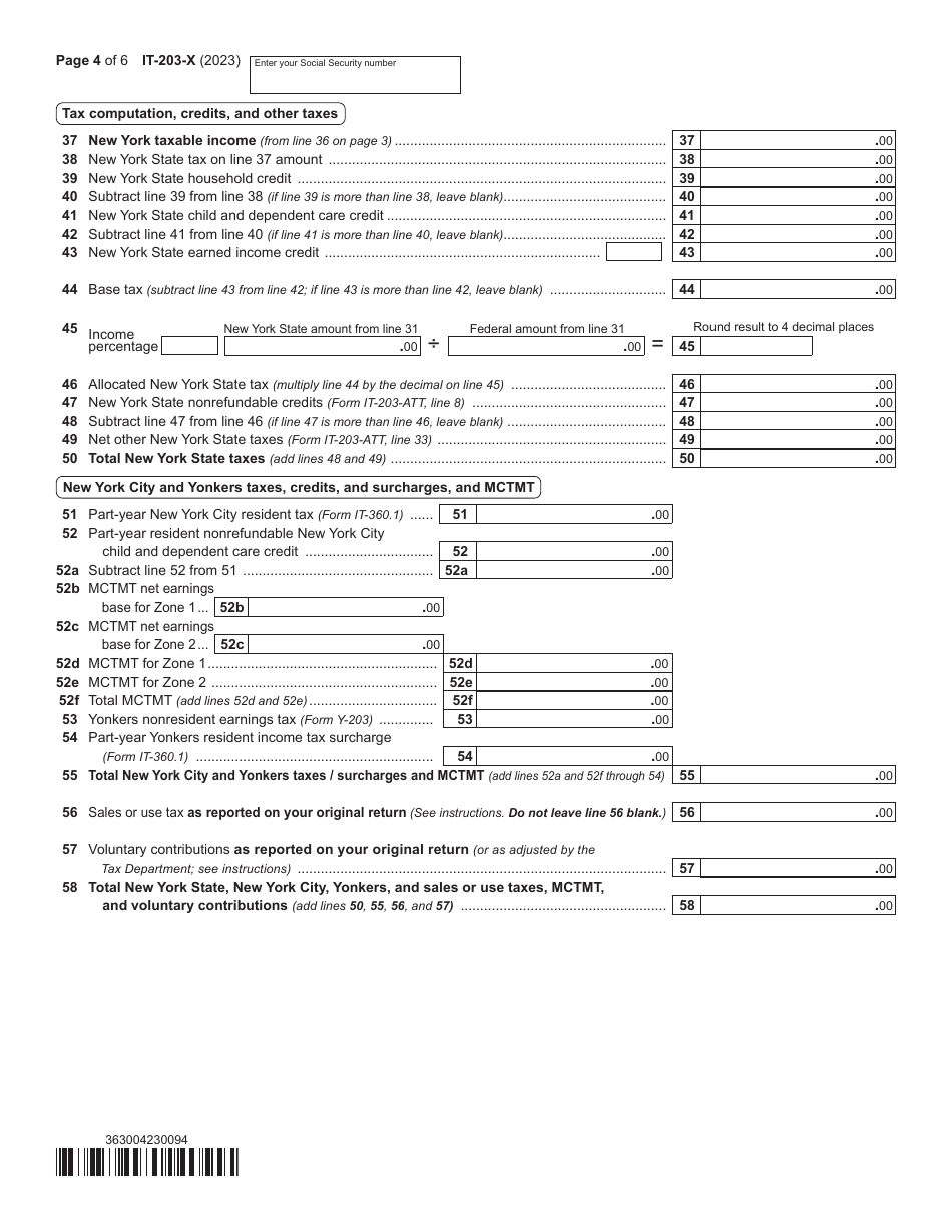 Form IT-203-X Amended Nonresident and Part-Year Resident Income Tax Return - New York, Page 4