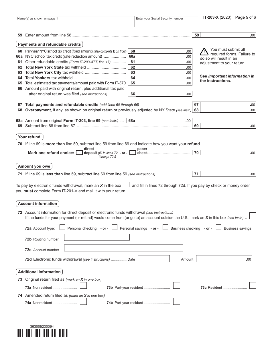 Form IT-203-X Amended Nonresident and Part-Year Resident Income Tax Return - New York, Page 5