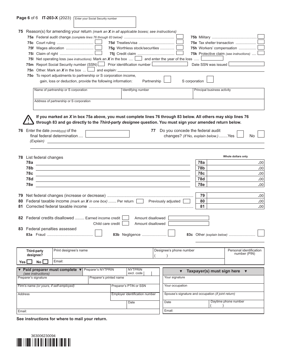 Form IT-203-X Amended Nonresident and Part-Year Resident Income Tax Return - New York, Page 6