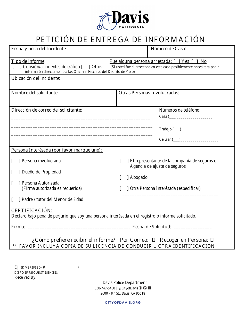 Peticion De Entrega De Informacion - City of Davis, California (Spanish), Page 1