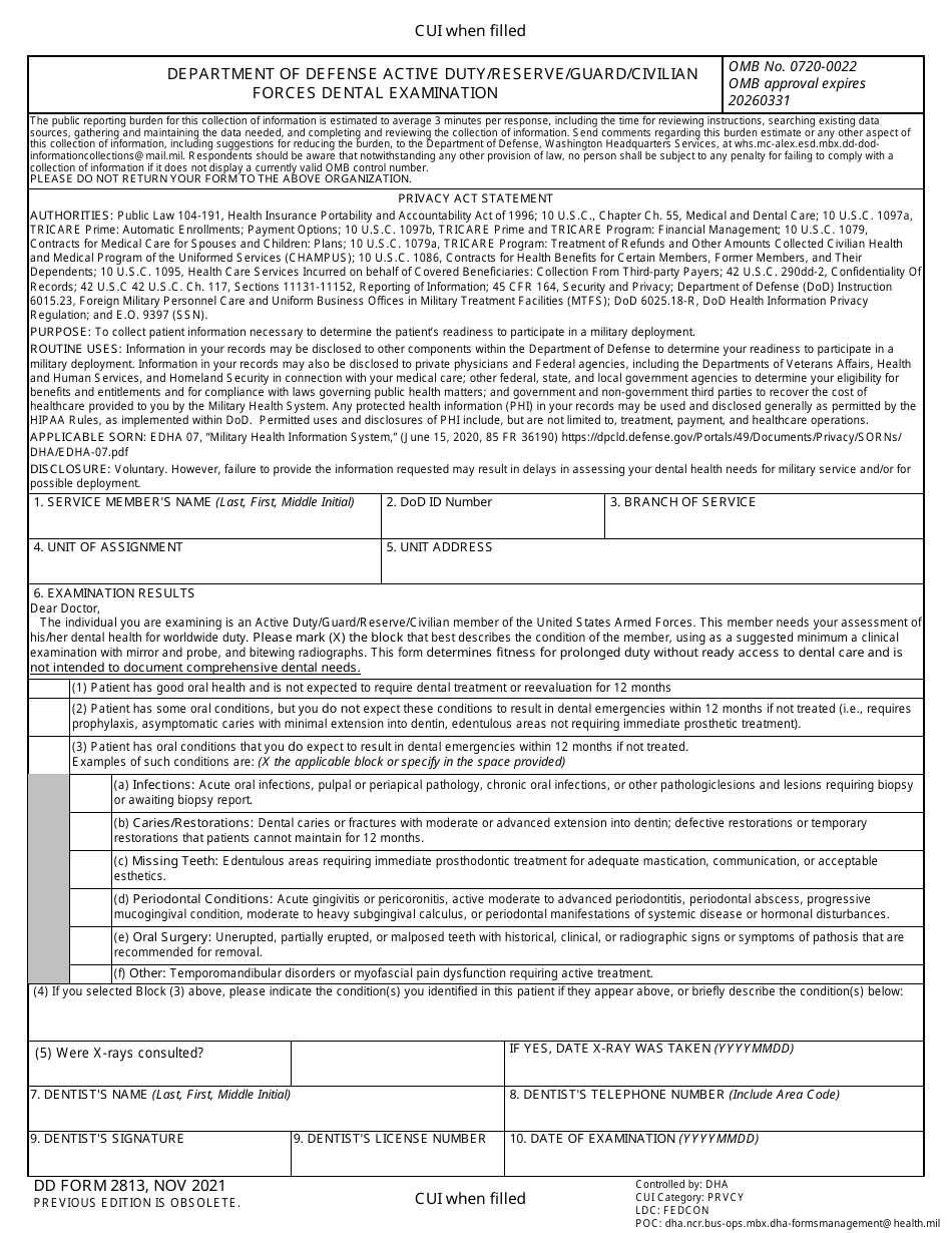 DD Form 2813 Department of Defense Active Duty / Reserve / Guard / Civilian Forces Dental Examination, Page 1