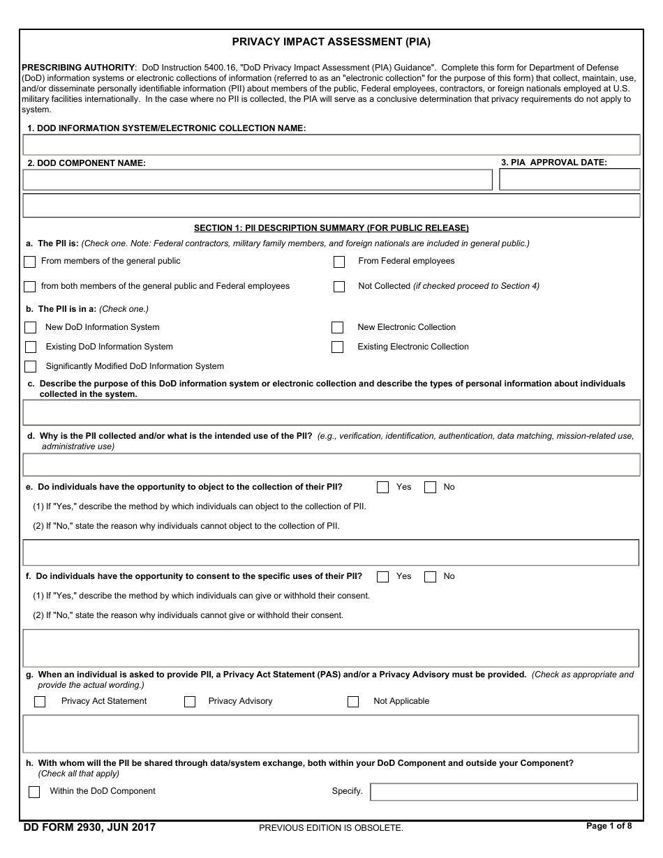 DD Form 2930 Privacy Impact Assessment (Pia), Page 1