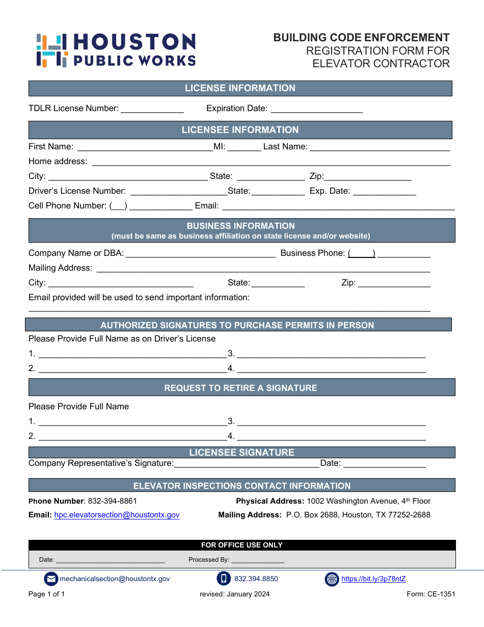 Form CE-1351 Registration Form for Elevator Contractor - City of Houston, Texas, Page 1