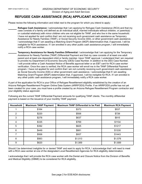 Form RRP-1019A Refugee Cash Assistance (Rca) Applicant Acknowledgement - Arizona