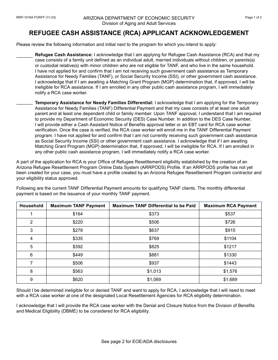 Form RRP-1019A Refugee Cash Assistance (Rca) Applicant Acknowledgement - Arizona, Page 1