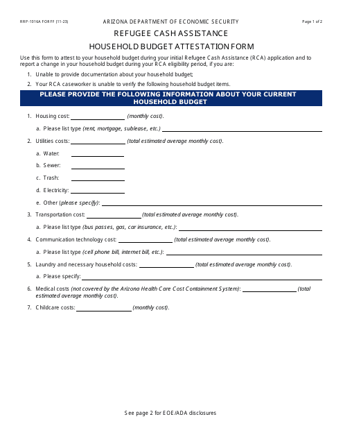 Form RRP-1016A Refugee Cash Assistance Household Budget Attestation Form - Arizona
