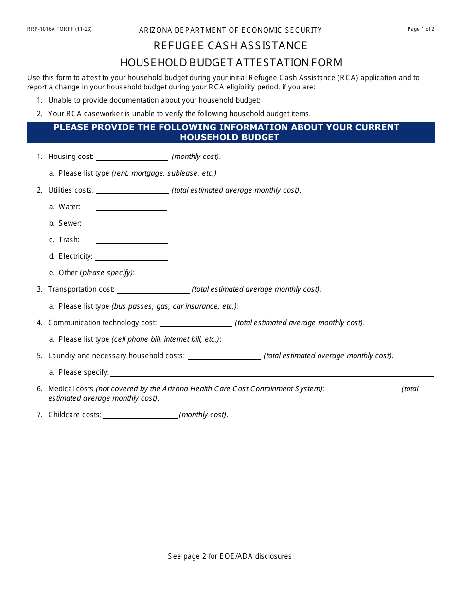 Form RRP-1016A Refugee Cash Assistance Household Budget Attestation Form - Arizona, Page 1