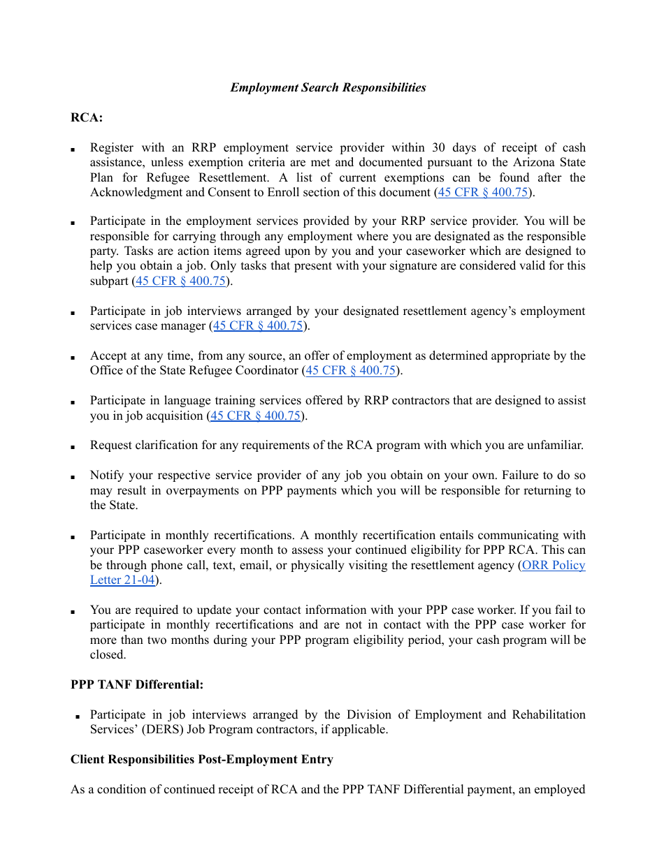 Benefits and Client Responsibilities Form - Arizona Refugee Resettlement Programs Public Private Partnership Program - Arizona, Page 5