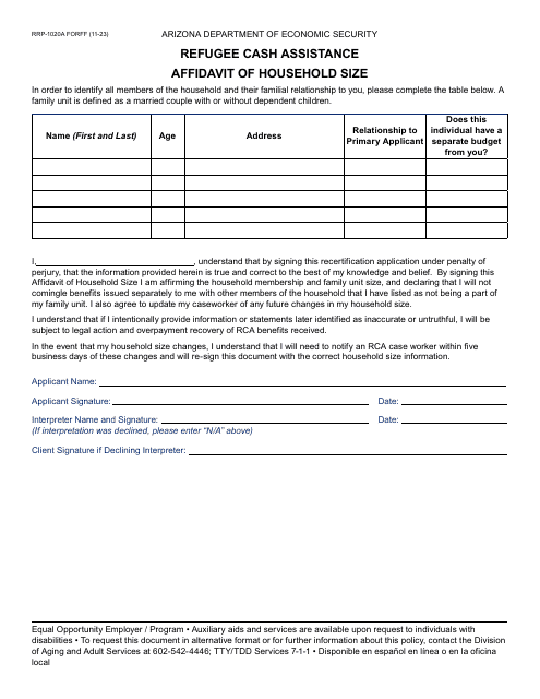 Form RRP-1020A Refugee Cash Assistance Affidavit of Household Size - Arizona